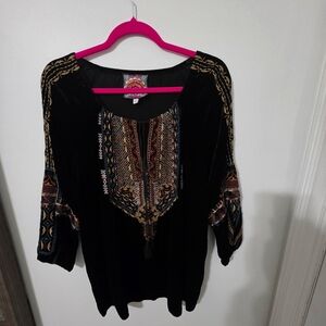 Johnny Was Black Top with Colorful Embroidery